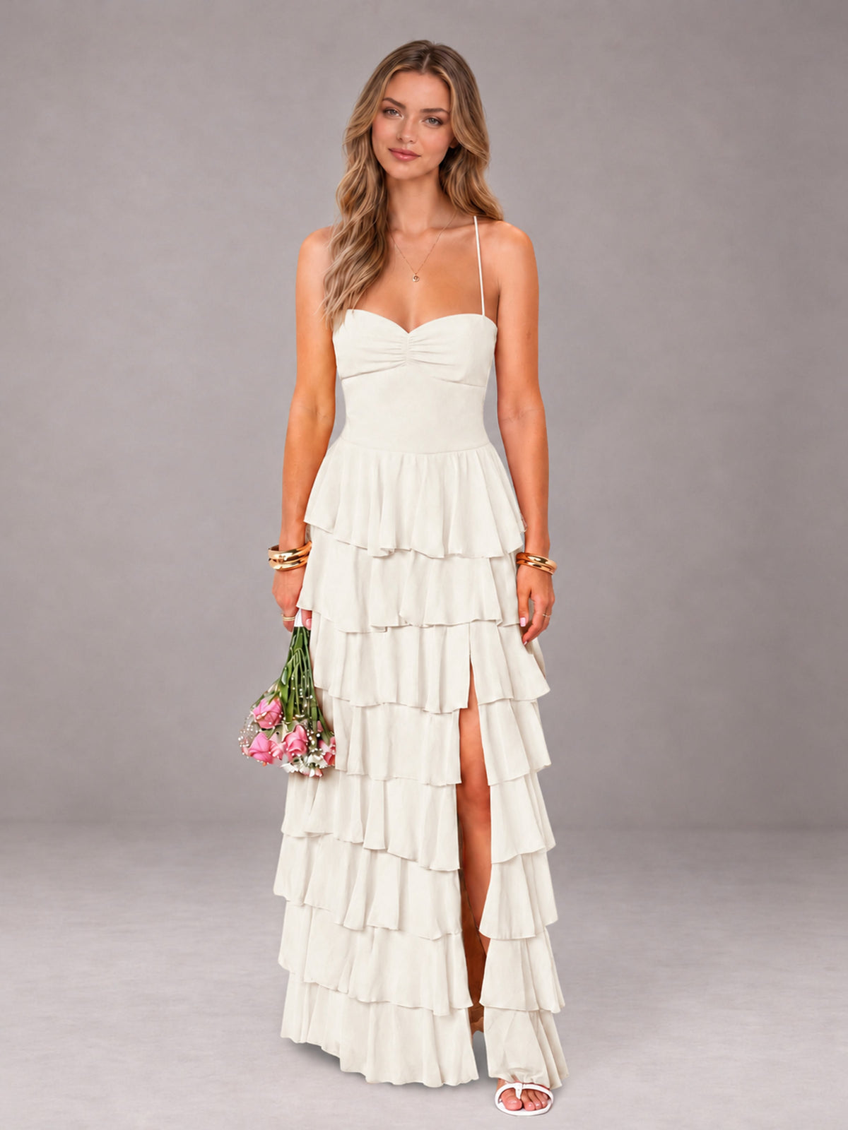 Ivory Sweetheart Neck Spaghetti Straps Pleated Floor Length Bridesmaid Dress