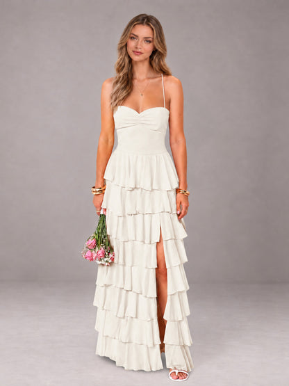 Ivory Sweetheart Neck Spaghetti Straps Pleated Floor Length Bridesmaid Dress