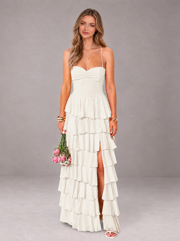 Ivory Sweetheart Neck Spaghetti Straps Pleated Floor Length Bridesmaid Dress