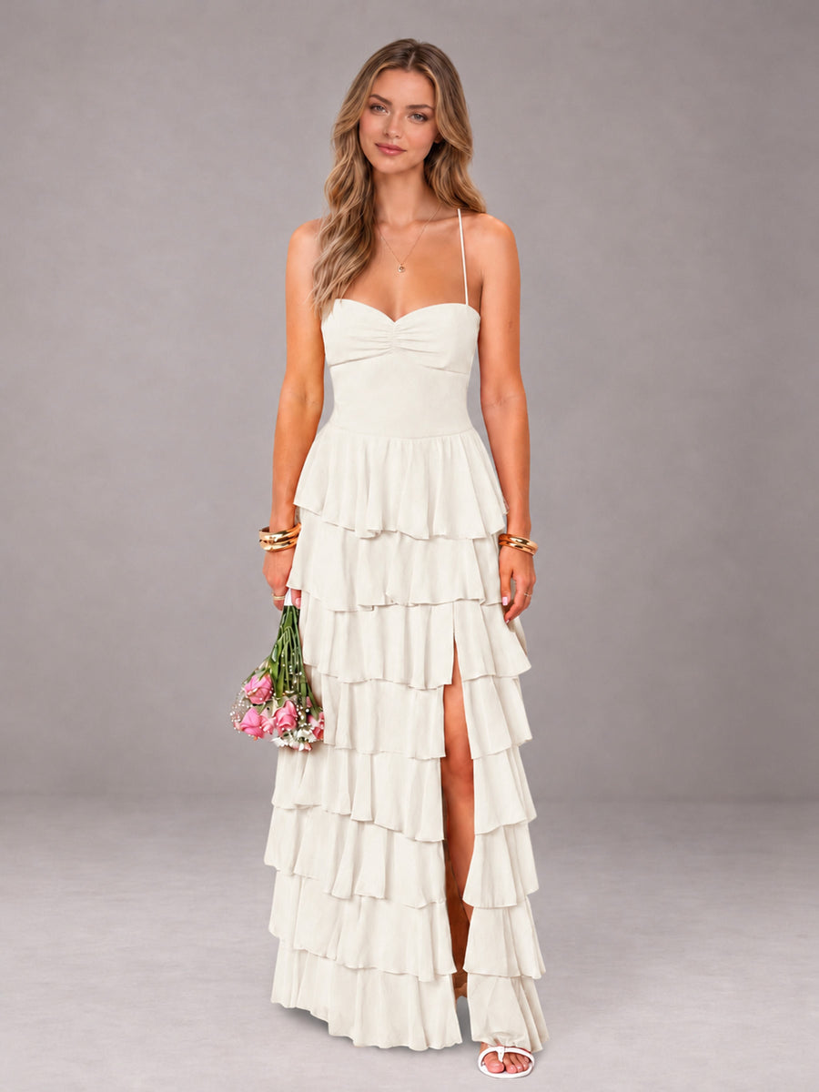 Ivory Sweetheart Neck Spaghetti Straps Pleated Floor Length Bridesmaid Dress
