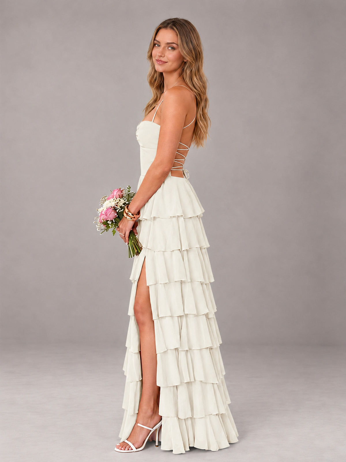 Ivory Sweetheart Neck Spaghetti Straps Pleated Floor Length Bridesmaid Dress