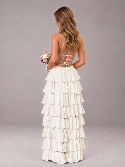 Ivory Sweetheart Neck Spaghetti Straps Pleated Floor Length Bridesmaid Dress