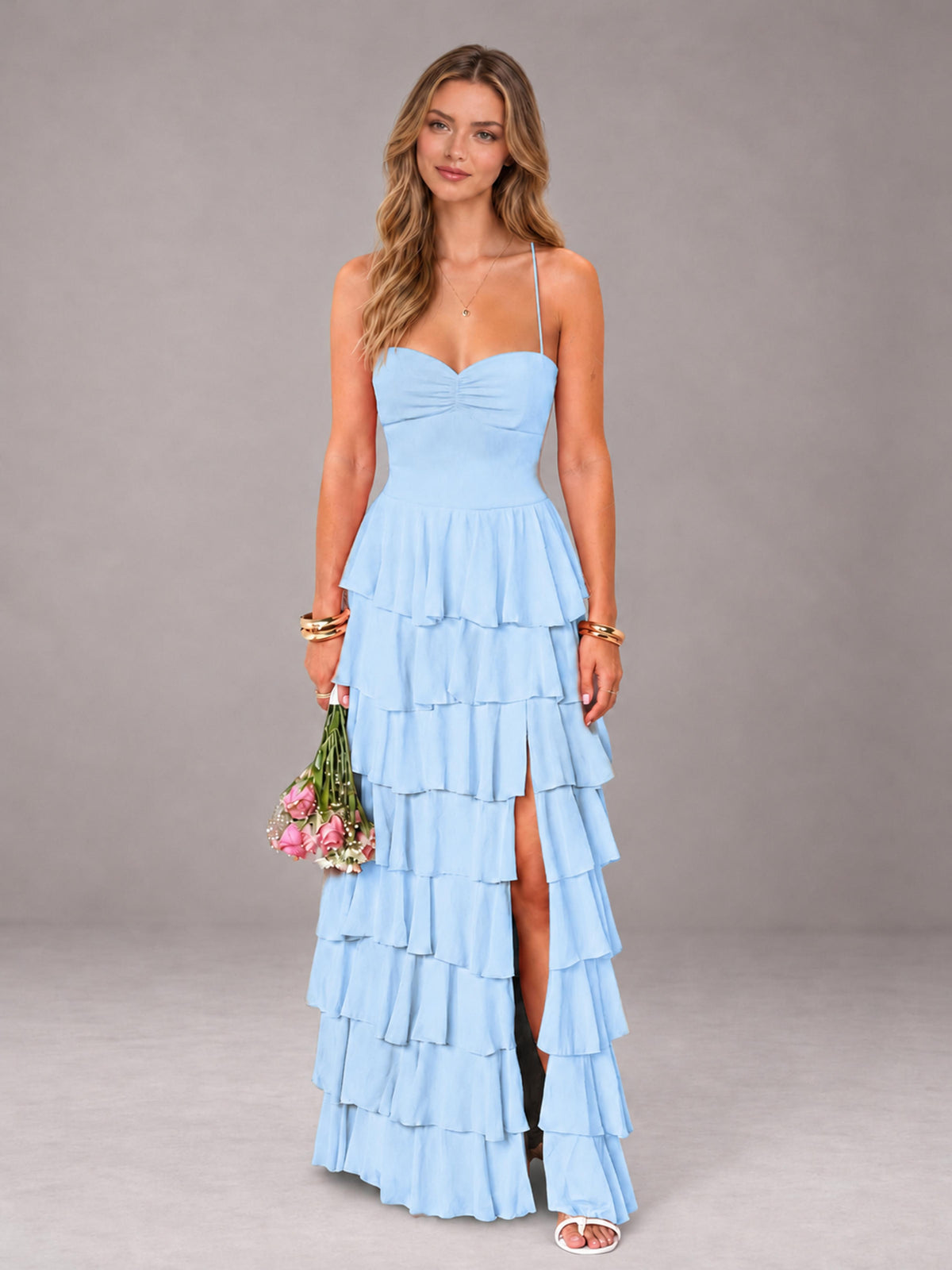 Light Blue Sweetheart Neck Spaghetti Straps Pleated Floor Length Bridesmaid Dress