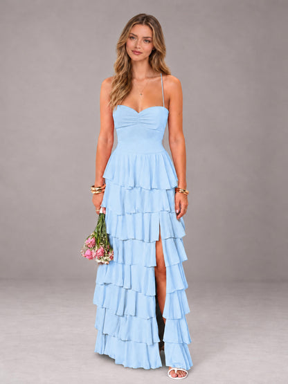 Light Blue Sweetheart Neck Spaghetti Straps Pleated Floor Length Bridesmaid Dress