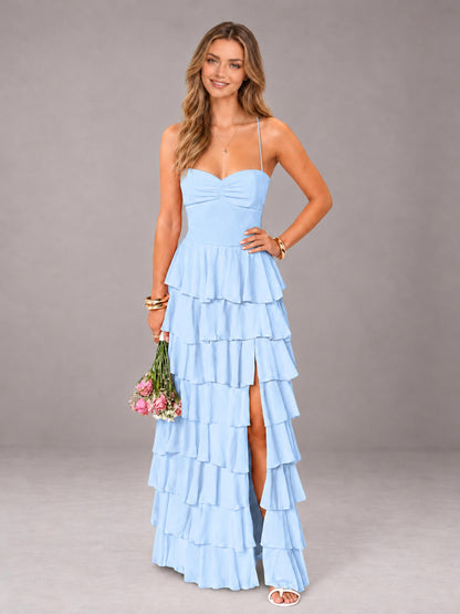 Light Blue Sweetheart Neck Spaghetti Straps Pleated Floor Length Bridesmaid Dress