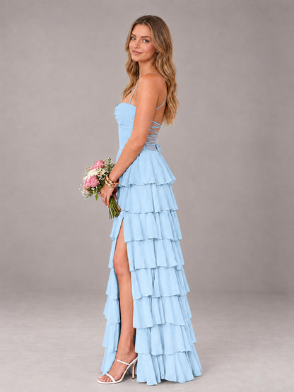 Light Blue Sweetheart Neck Spaghetti Straps Pleated Floor Length Bridesmaid Dress