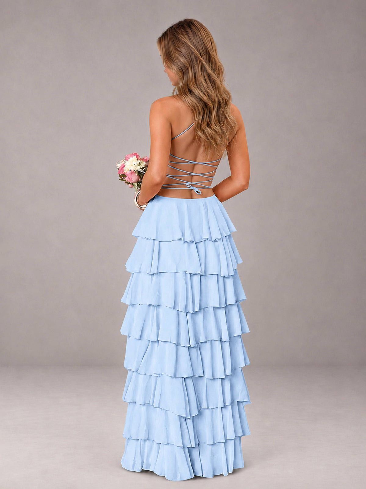 Light Blue Sweetheart Neck Spaghetti Straps Pleated Floor Length Bridesmaid Dress