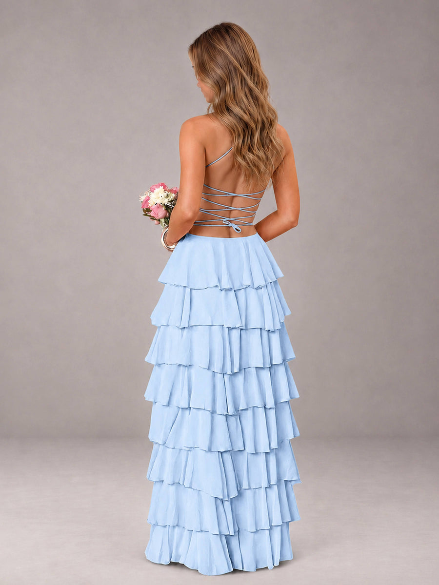 Light Blue Sweetheart Neck Spaghetti Straps Pleated Floor Length Bridesmaid Dress