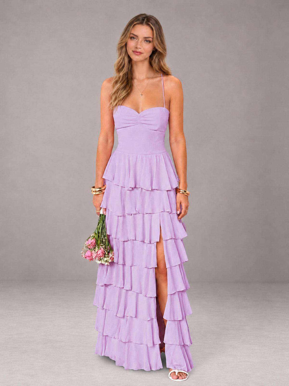 Lilac Sweetheart Neck Spaghetti Straps Pleated Floor Length Bridesmaid Dress