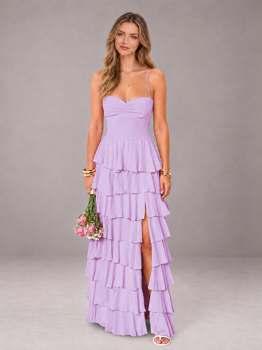 Lilac Sweetheart Neck Spaghetti Straps Pleated Floor Length Bridesmaid Dress