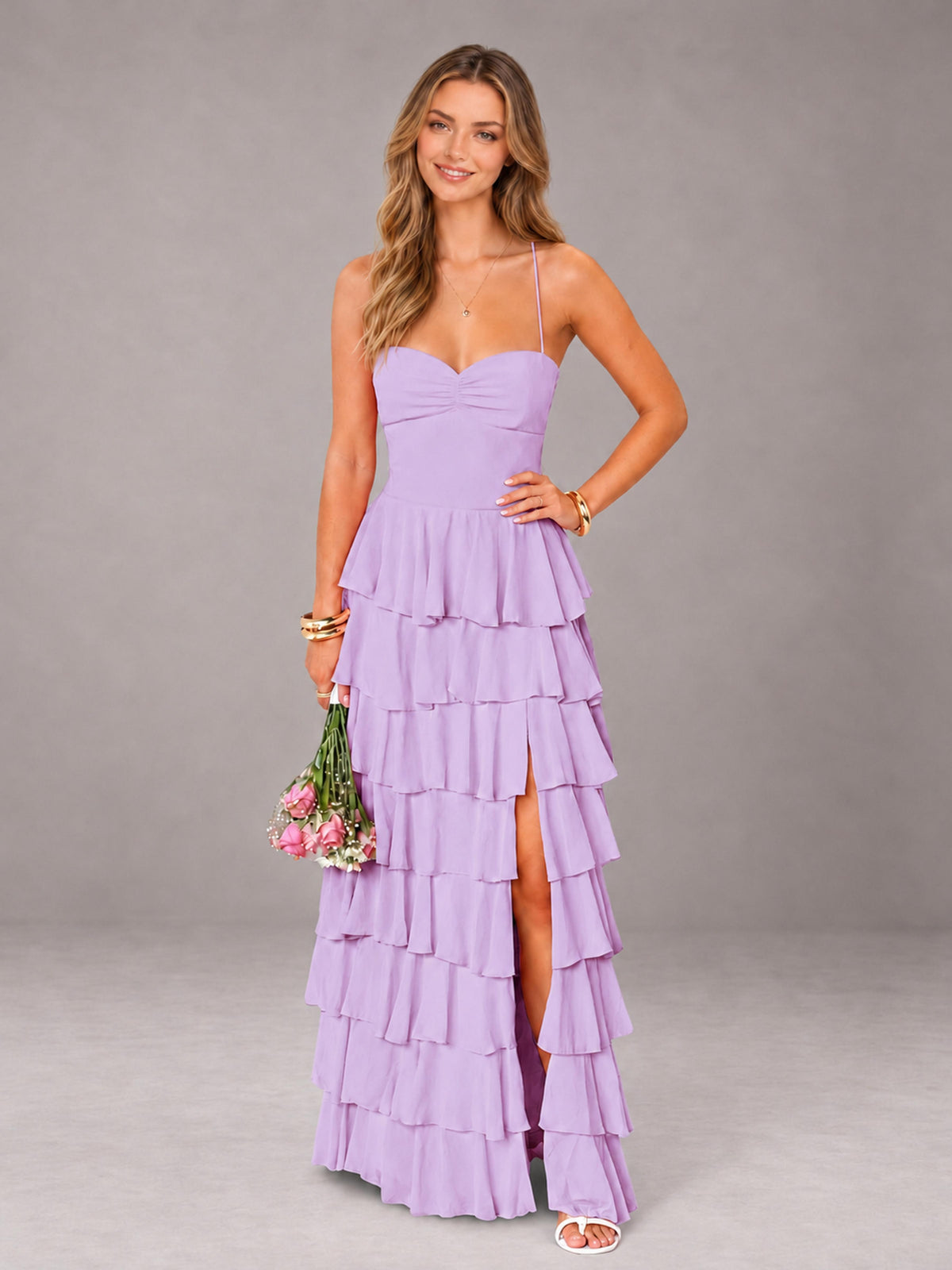Lilac Sweetheart Neck Spaghetti Straps Pleated Floor Length Bridesmaid Dress