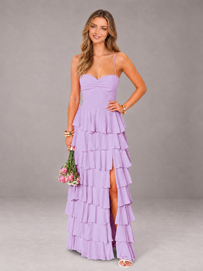 Lilac Sweetheart Neck Spaghetti Straps Pleated Floor Length Bridesmaid Dress
