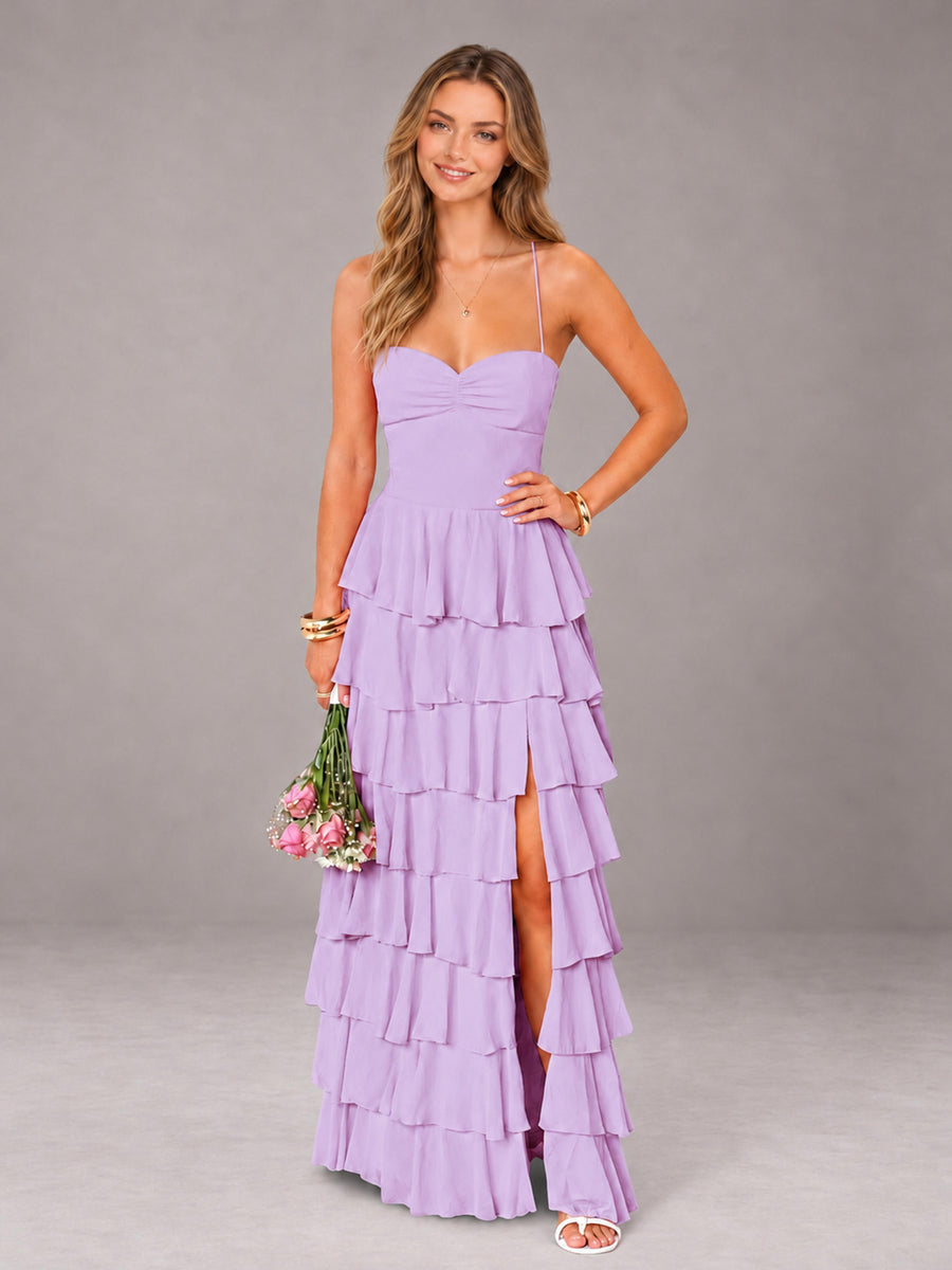 Lilac Sweetheart Neck Spaghetti Straps Pleated Floor Length Bridesmaid Dress