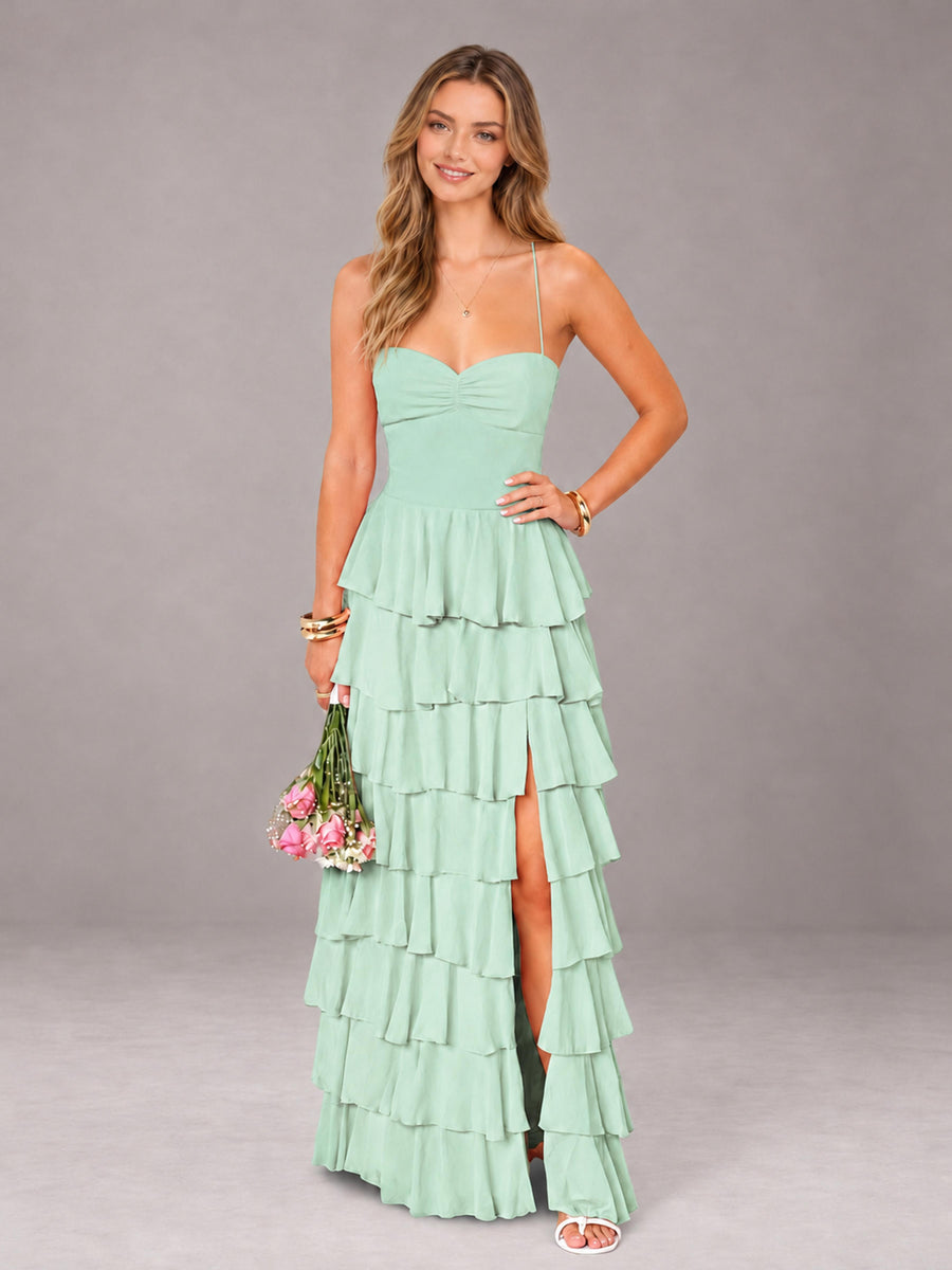 Mint Green Sweetheart Neck Spaghetti Straps Pleated Floor Length Bridesmaid Dress