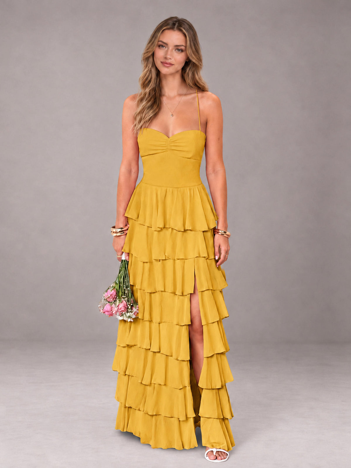 Mustard Yellow Sweetheart Neck Spaghetti Straps Pleated Floor Length Bridesmaid Dress