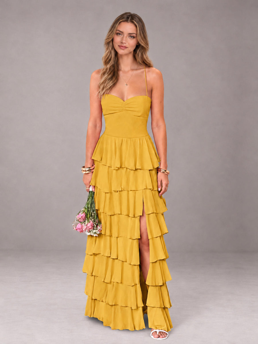 Mustard Yellow Sweetheart Neck Spaghetti Straps Pleated Floor Length Bridesmaid Dress