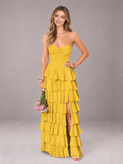 Mustard Yellow Sweetheart Neck Spaghetti Straps Pleated Floor Length Bridesmaid Dress