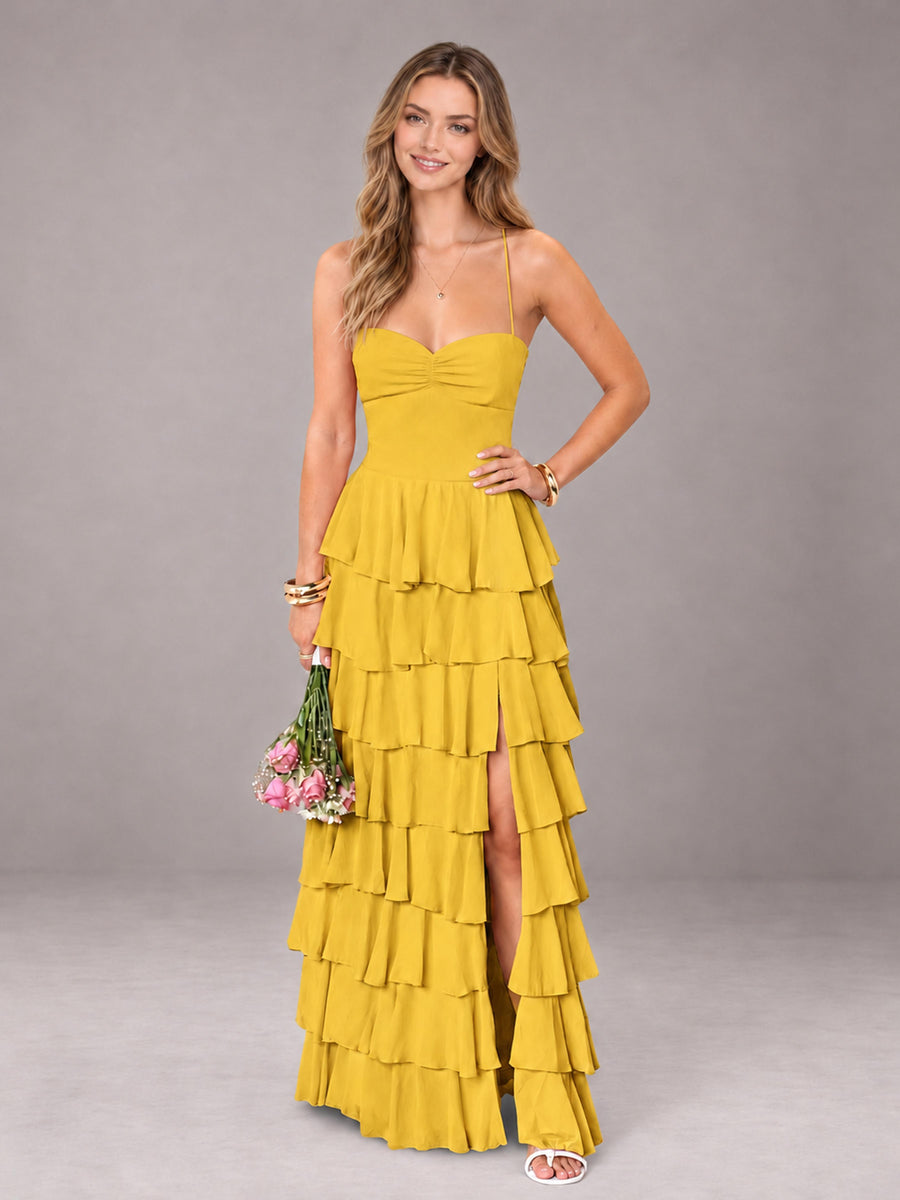 Mustard Yellow Sweetheart Neck Spaghetti Straps Pleated Floor Length Bridesmaid Dress