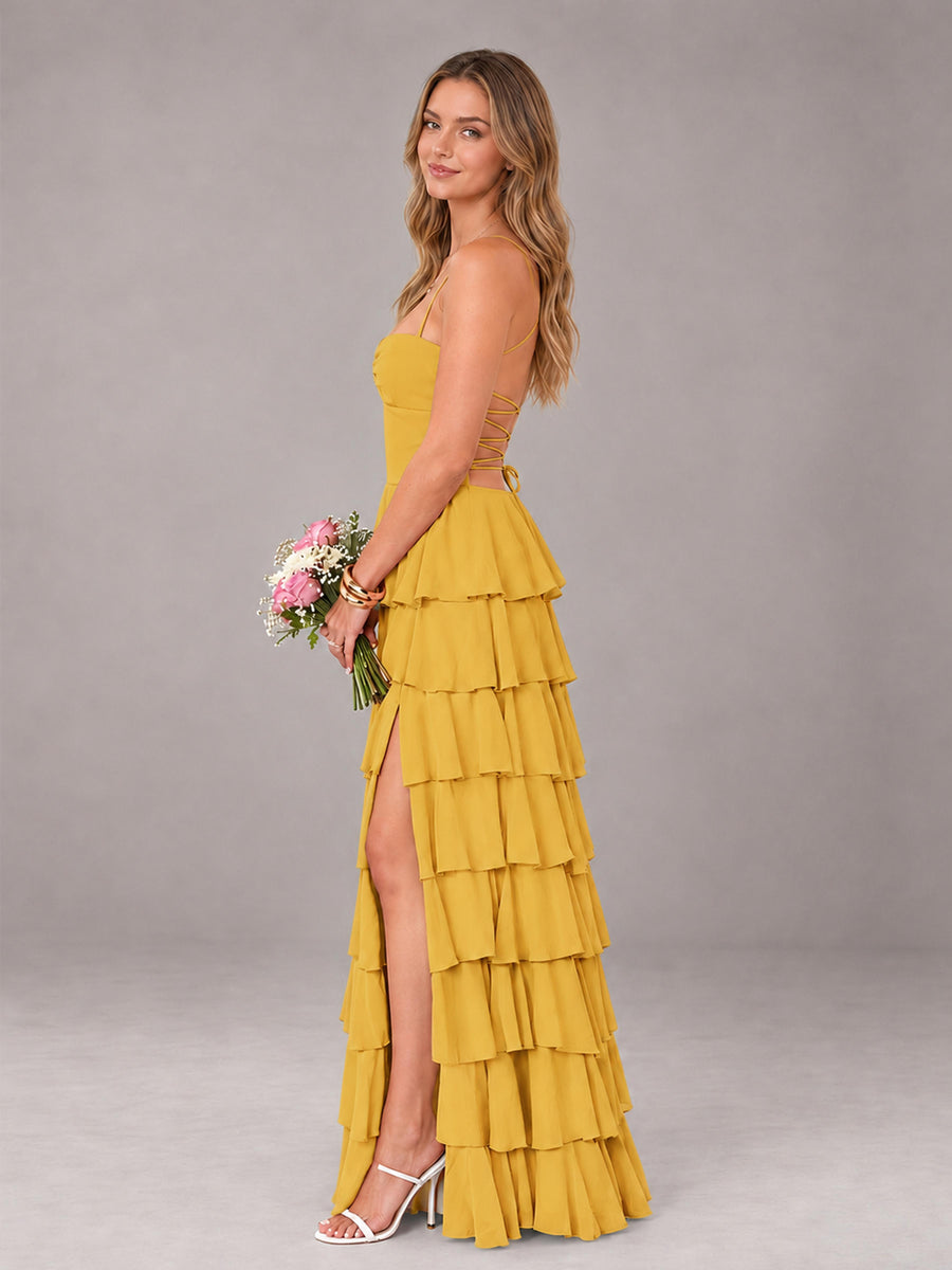 Mustard Yellow Sweetheart Neck Spaghetti Straps Pleated Floor Length Bridesmaid Dress