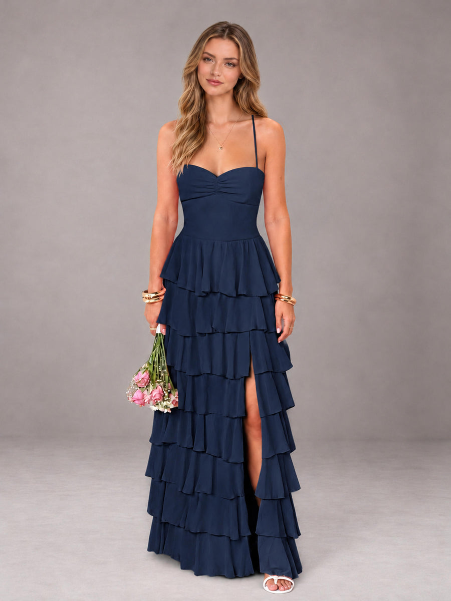 Navy Blue Sweetheart Neck Spaghetti Straps Pleated Floor Length Bridesmaid Dress