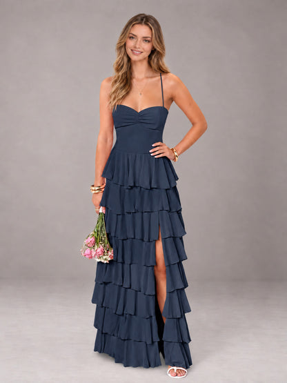 Navy Blue Sweetheart Neck Spaghetti Straps Pleated Floor Length Bridesmaid Dress