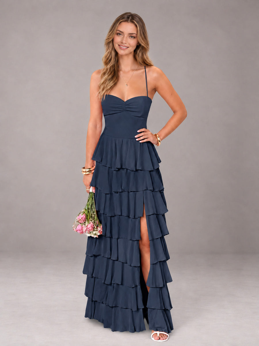 Navy Blue Sweetheart Neck Spaghetti Straps Pleated Floor Length Bridesmaid Dress
