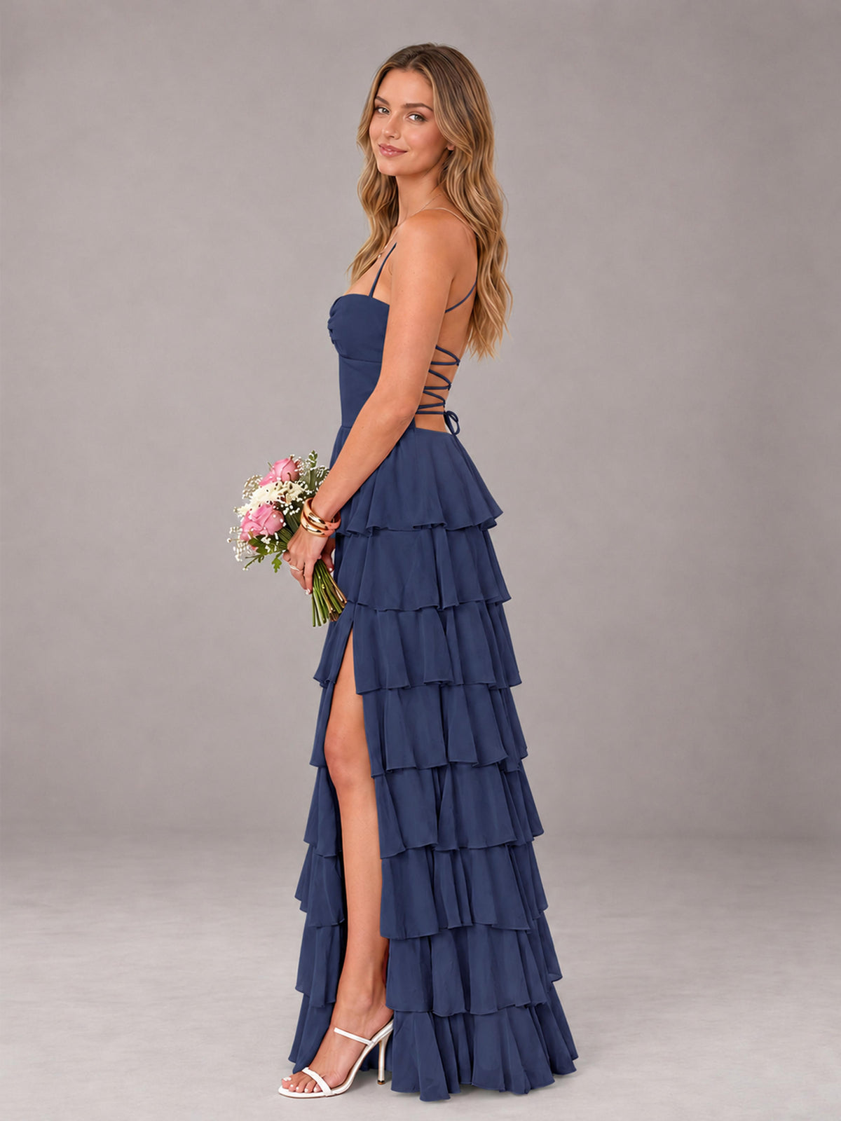 Navy Blue Sweetheart Neck Spaghetti Straps Pleated Floor Length Bridesmaid Dress
