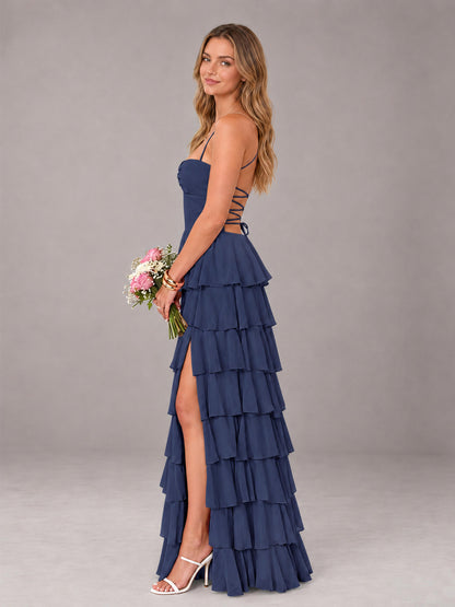 Navy Blue Sweetheart Neck Spaghetti Straps Pleated Floor Length Bridesmaid Dress