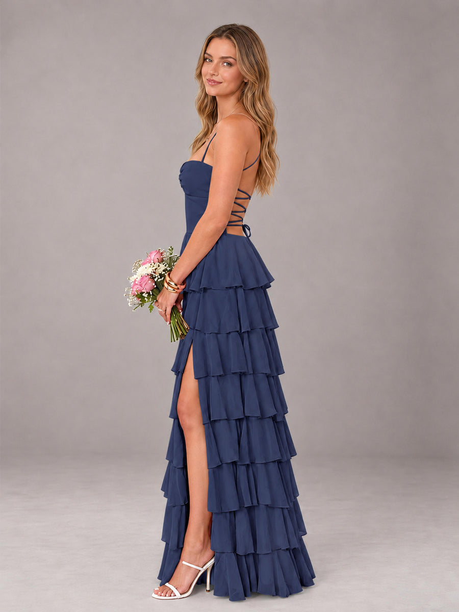 Navy Blue Sweetheart Neck Spaghetti Straps Pleated Floor Length Bridesmaid Dress