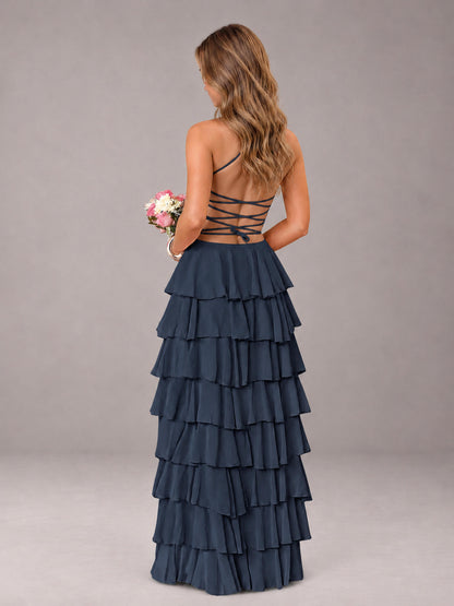 Navy Blue Sweetheart Neck Spaghetti Straps Pleated Floor Length Bridesmaid Dress