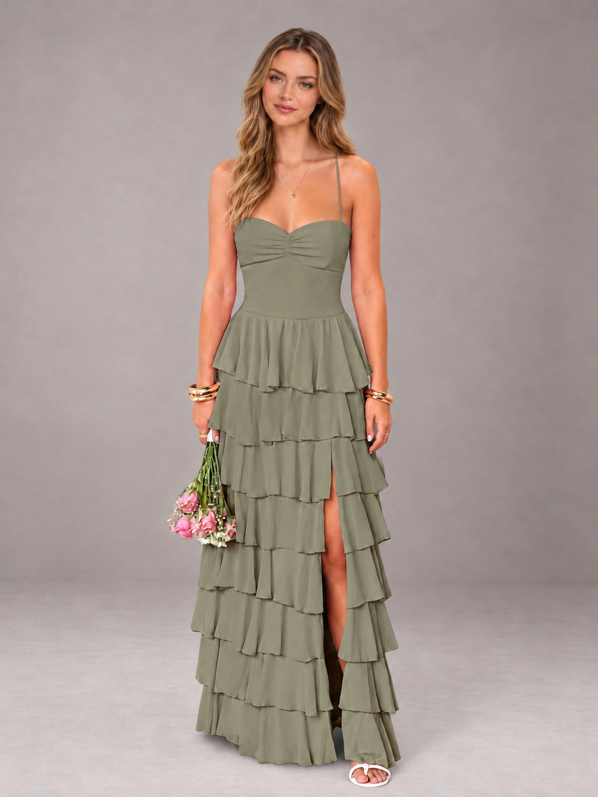 Olive Green Sweetheart Neck Spaghetti Straps Pleated Floor Length Bridesmaid Dress