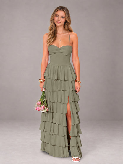 Olive Green Sweetheart Neck Spaghetti Straps Pleated Floor Length Bridesmaid Dress