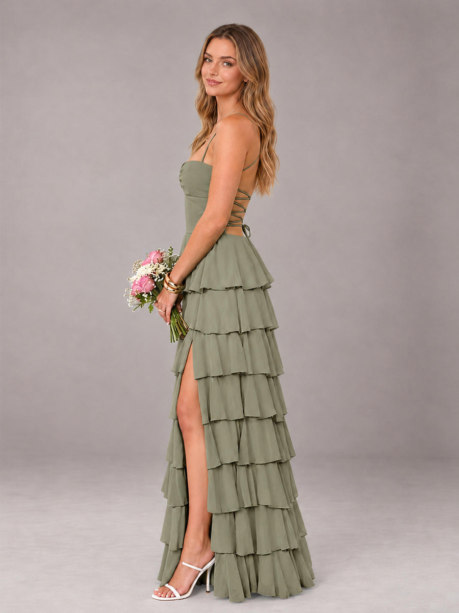 Olive Green Sweetheart Neck Spaghetti Straps Pleated Floor Length Bridesmaid Dress