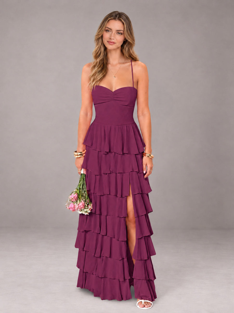 Plum Sweetheart Neck Spaghetti Straps Pleated Floor Length Bridesmaid Dress