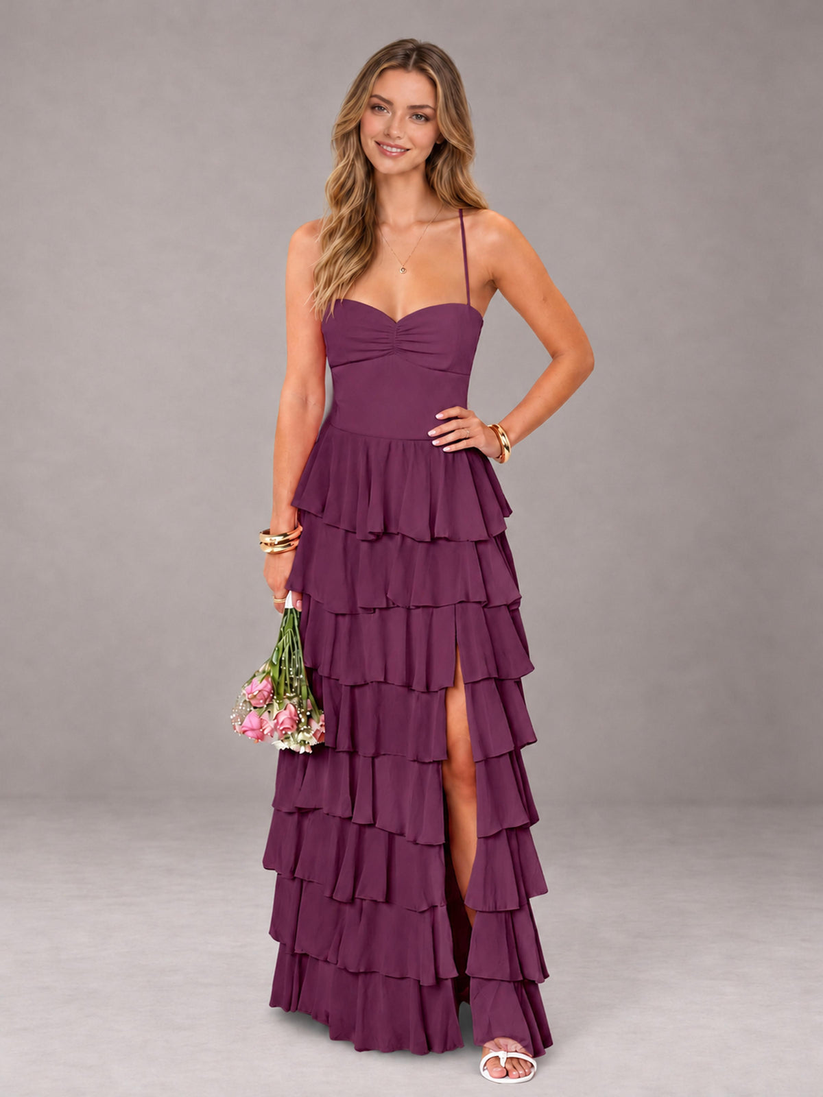 Plum Sweetheart Neck Spaghetti Straps Pleated Floor Length Bridesmaid Dress