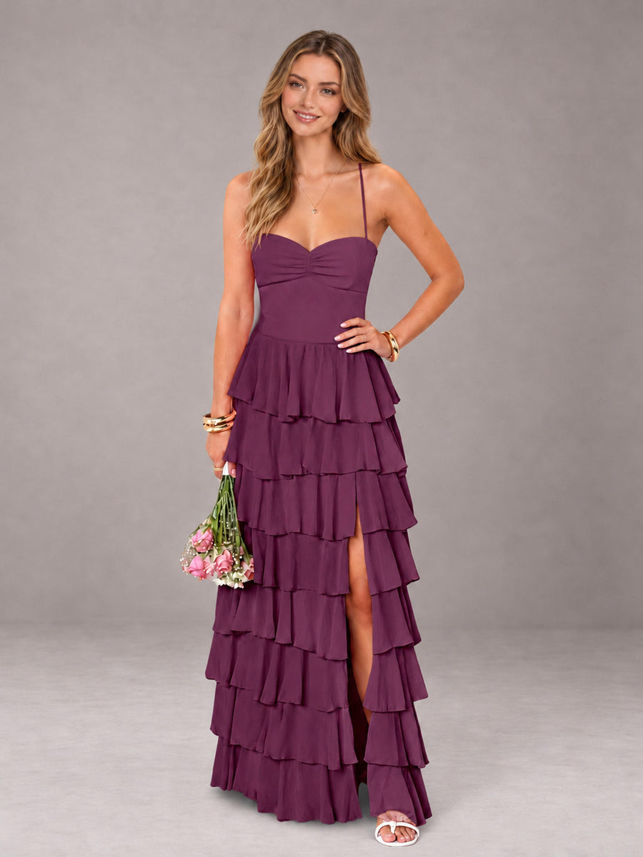 Plum Sweetheart Neck Spaghetti Straps Pleated Floor Length Bridesmaid Dress