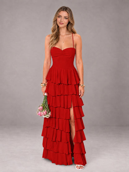 Red Sweetheart Neck Spaghetti Straps Pleated Floor Length Bridesmaid Dress