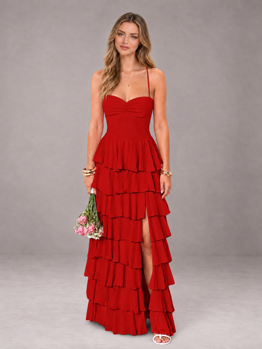 Red Sweetheart Neck Spaghetti Straps Pleated Floor Length Bridesmaid Dress