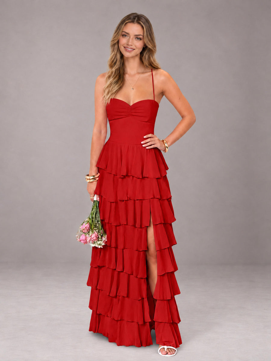 Red Sweetheart Neck Spaghetti Straps Pleated Floor Length Bridesmaid Dress