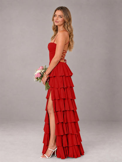 Red Sweetheart Neck Spaghetti Straps Pleated Floor Length Bridesmaid Dress