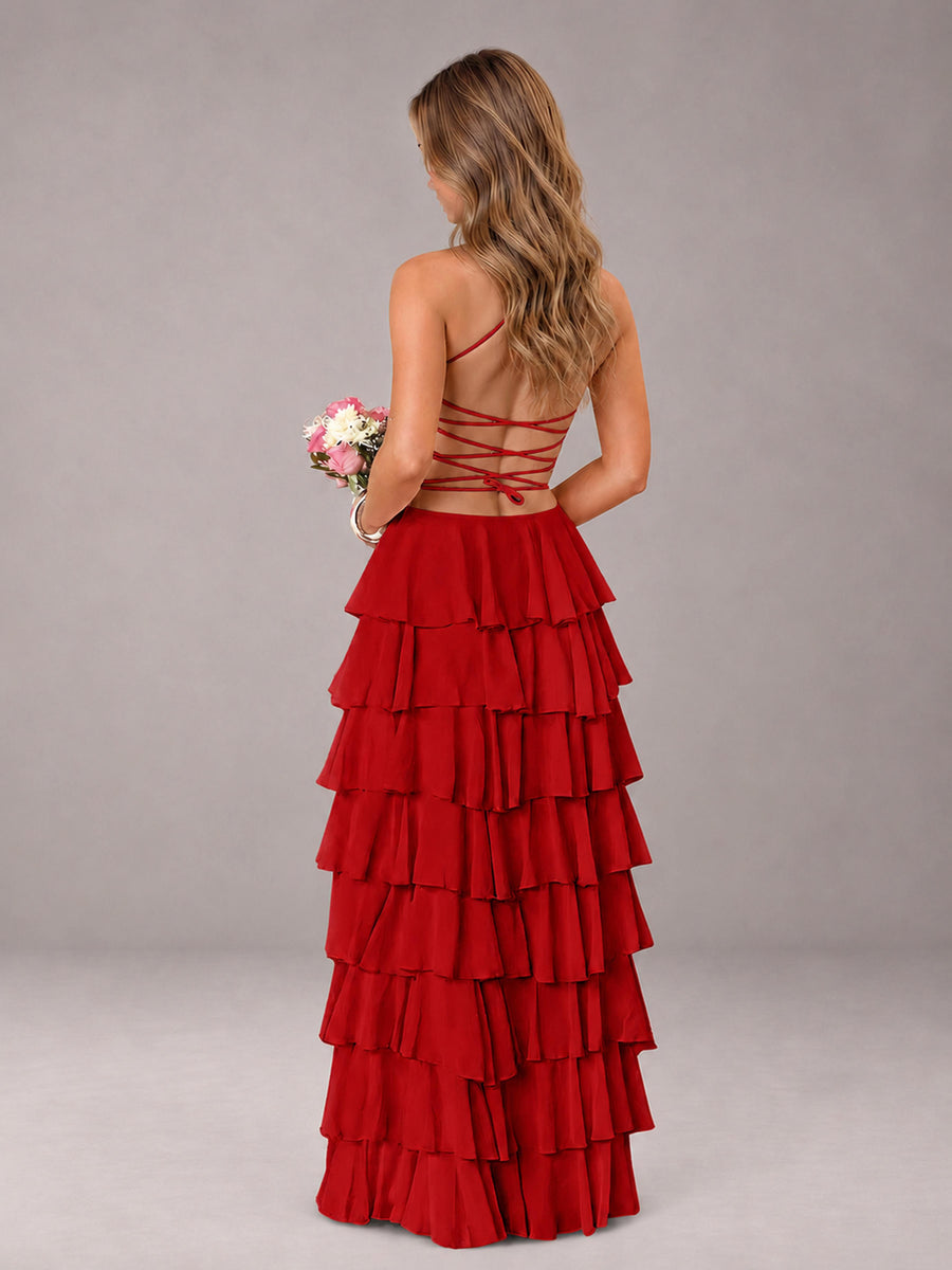 Red Sweetheart Neck Spaghetti Straps Pleated Floor Length Bridesmaid Dress