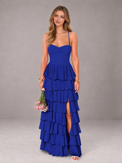 Royal Blue Sweetheart Neck Spaghetti Straps Pleated Floor Length Bridesmaid Dress