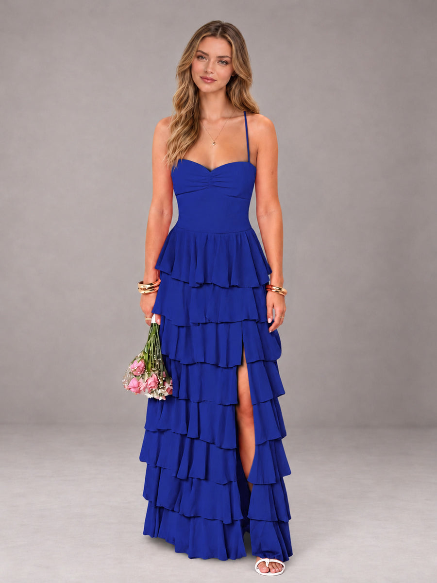 Royal Blue Sweetheart Neck Spaghetti Straps Pleated Floor Length Bridesmaid Dress