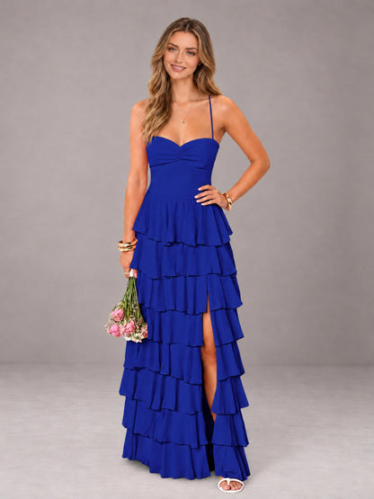 Royal Blue Sweetheart Neck Spaghetti Straps Pleated Floor Length Bridesmaid Dress