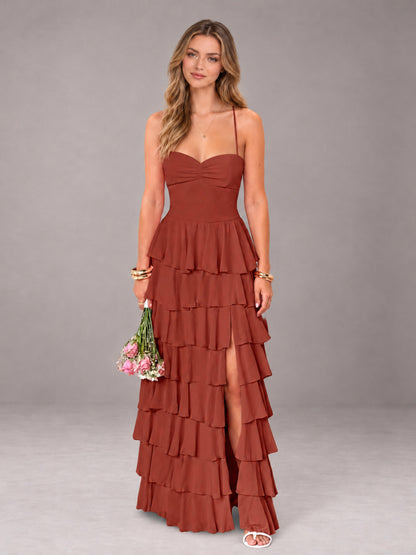 Rust Sweetheart Neck Spaghetti Straps Pleated Floor Length Bridesmaid Dress
