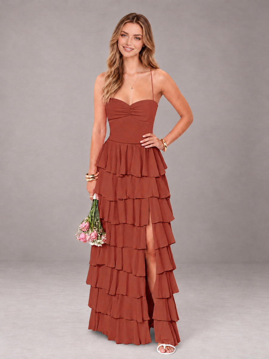Rust Sweetheart Neck Spaghetti Straps Pleated Floor Length Bridesmaid Dress