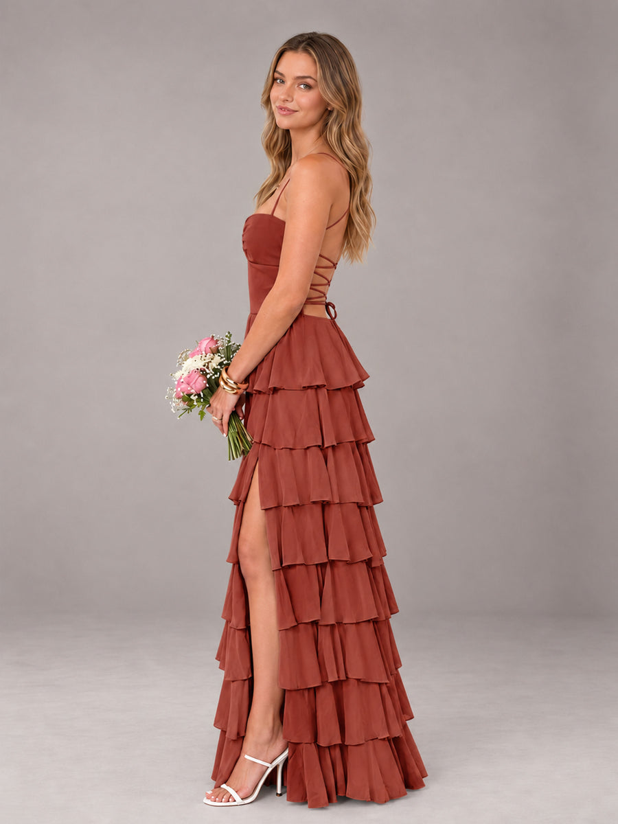 Rust Sweetheart Neck Spaghetti Straps Pleated Floor Length Bridesmaid Dress