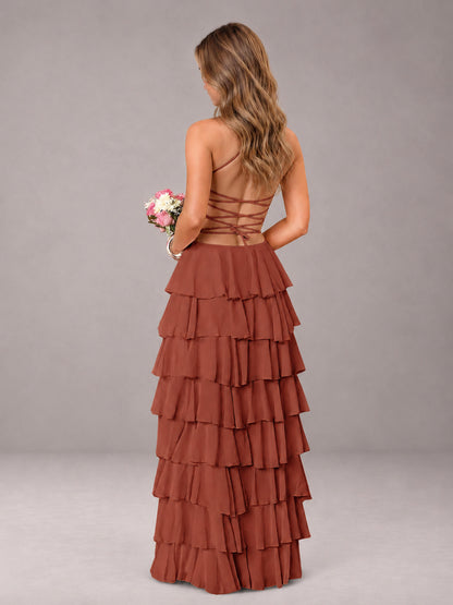 Rust Sweetheart Neck Spaghetti Straps Pleated Floor Length Bridesmaid Dress