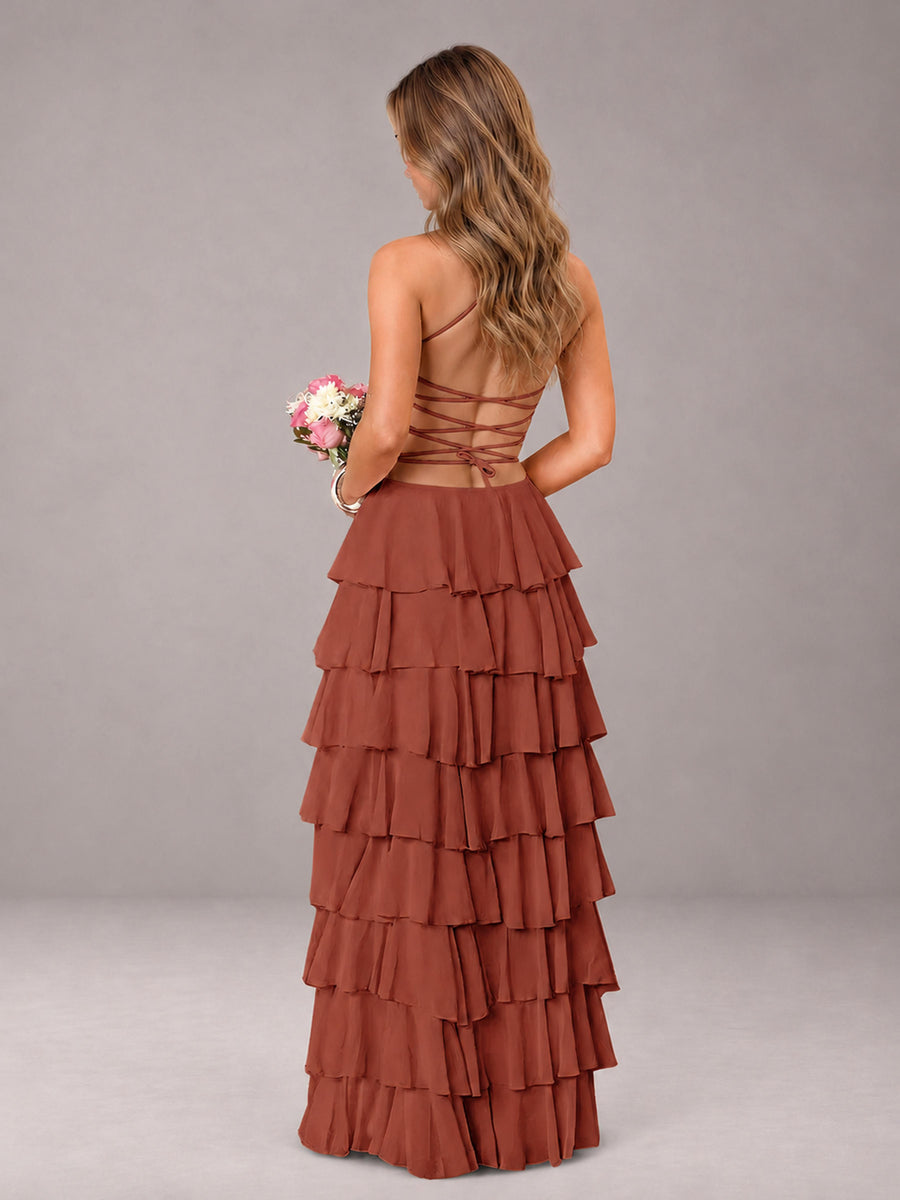 Rust Sweetheart Neck Spaghetti Straps Pleated Floor Length Bridesmaid Dress