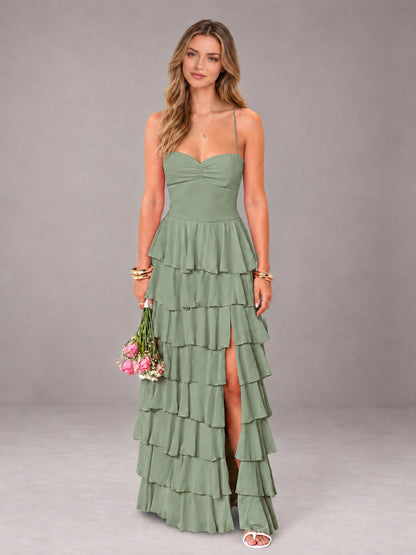 Sage Green Sweetheart Neck Spaghetti Straps Pleated Floor Length Bridesmaid Dress